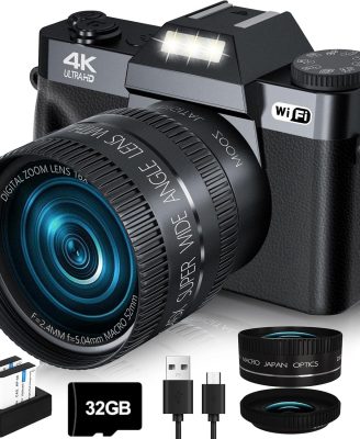 2024 Upgrade VJIANGER Digital Camera for Photography 4K 56MP Vlogging Camera for YouTube with WiFi, 180° Flip Screen, 16X Digital Zoom, 52mm Lens, 2 Batteries, 32GB Micro SD Card(Black)