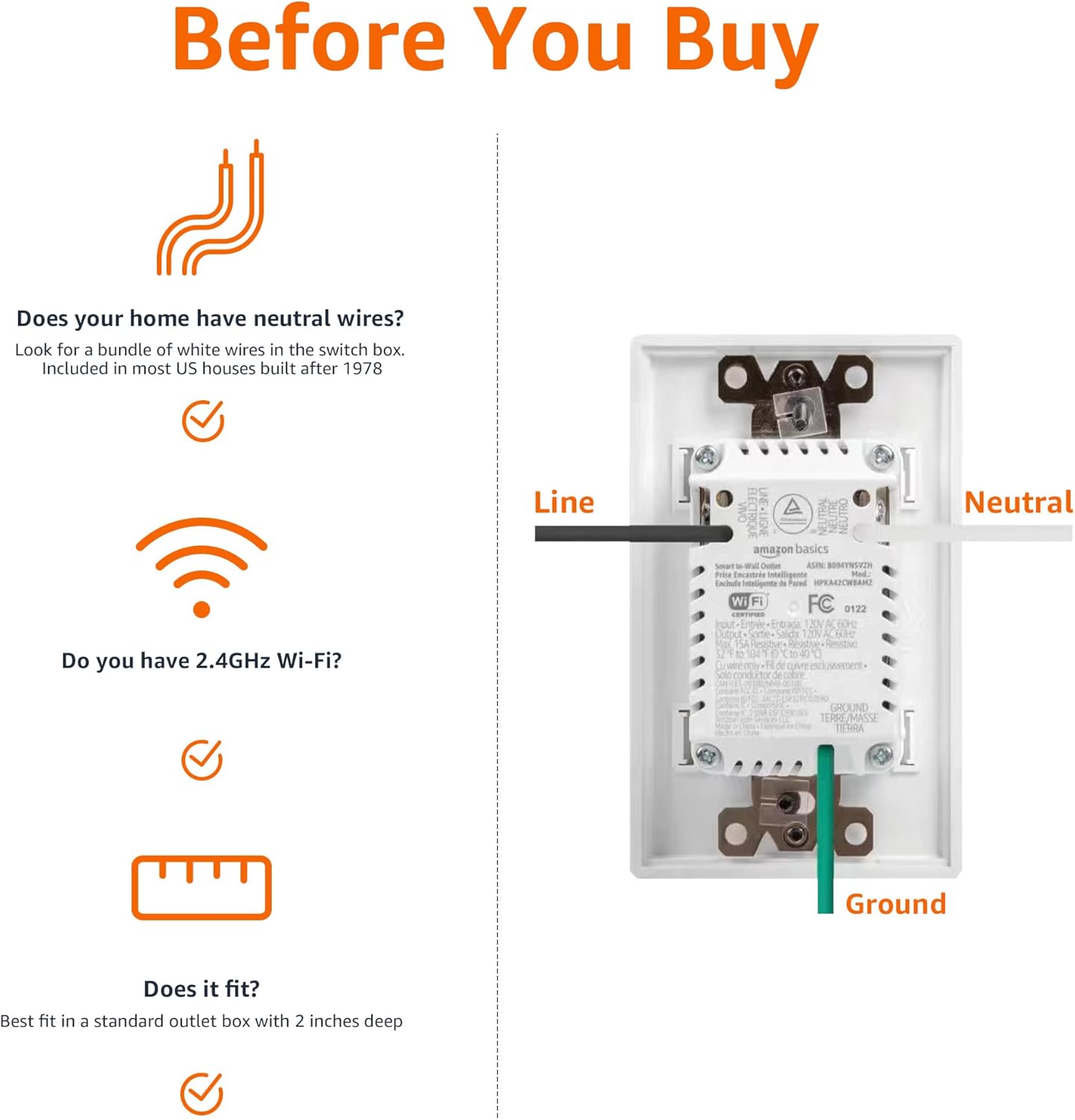 Smart In-Wall Outlet, Works with Alexa Only, 2.4 GHz Wi-Fi, No Hub Required, White - Image 4