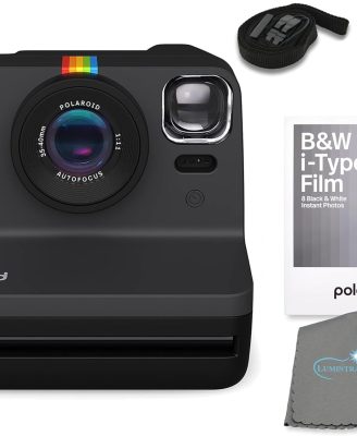 Gen 2 Now I-Type Instant Film Camera - Black Bundle with a B&W i-Type Film Pack (8 Instant Photos) and a Cleaning Cloth