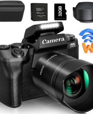 Saneen Digital Camera, 4k Cameras for Photography & Video, 64MP WiFi Touch Screen Vlogging Camera for YouTube with Flash, 32GB Card, Lens Hood, 3000mAH Battery, Front and Rear Cameras - Black