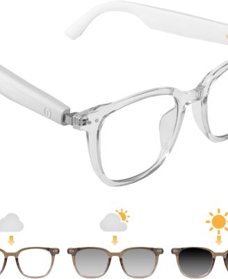 Smart Glasses for Women Men, Bluetooth Glasses with Photochromic Lenses Touch Control Voice Assistant for Clear Audio Remote Photography, Transparent frame and white legs, Perfect for Indoor Outdoor
