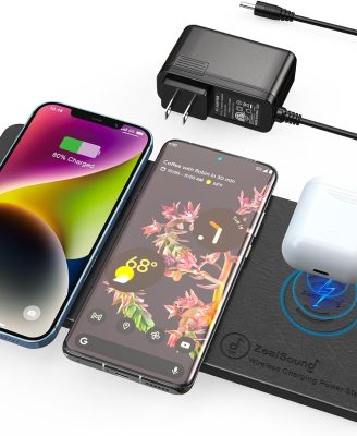Wireless Charging Pad, ZealSound Ultra-Slim Triple Charger Station for Multiple 3 Devices & New Airpods Ultra Slim PU Leather Wireless Charging Mat W/AC Adapter for Smartphone Phone (Black)